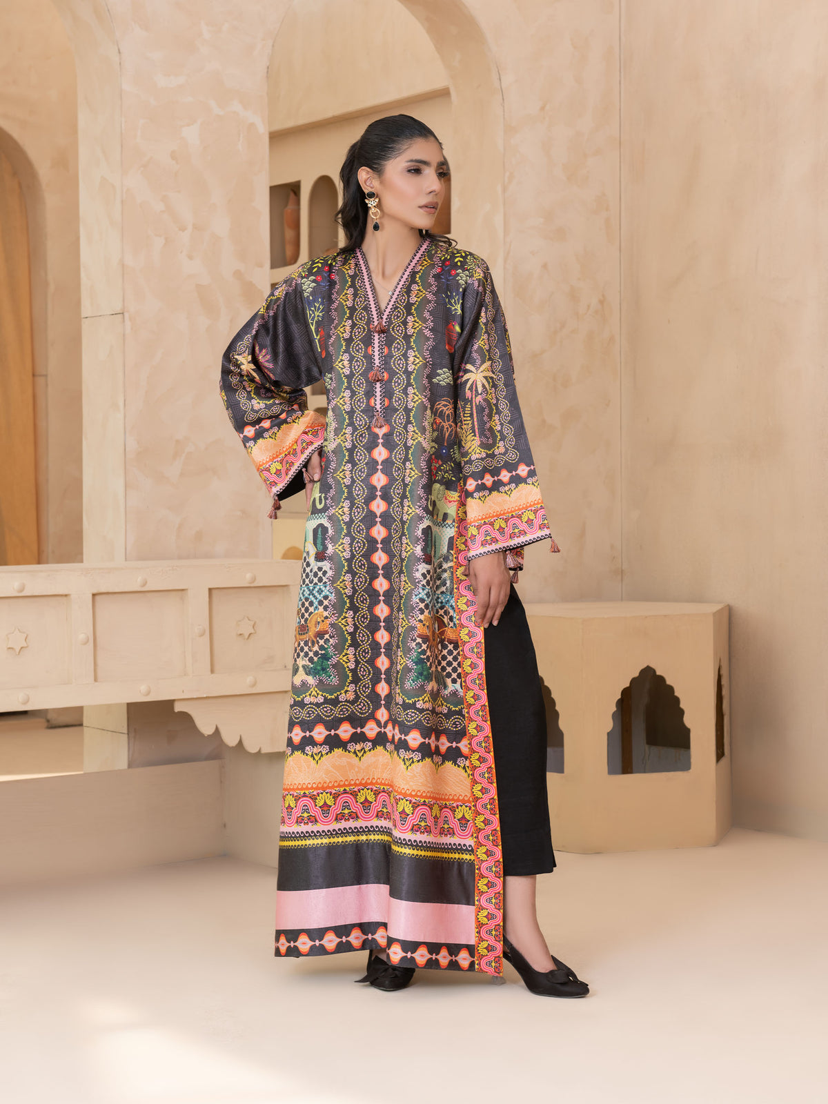 PRINTED RAW SILK LONG SHIRT