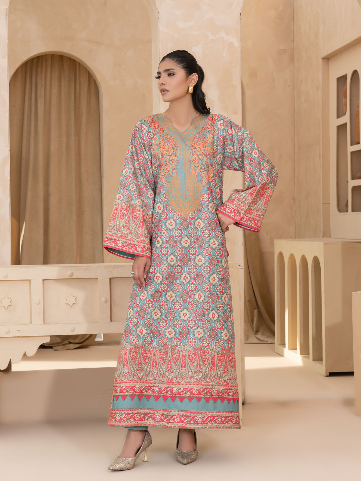 PRINTED RAW SILK LONG SHIRT