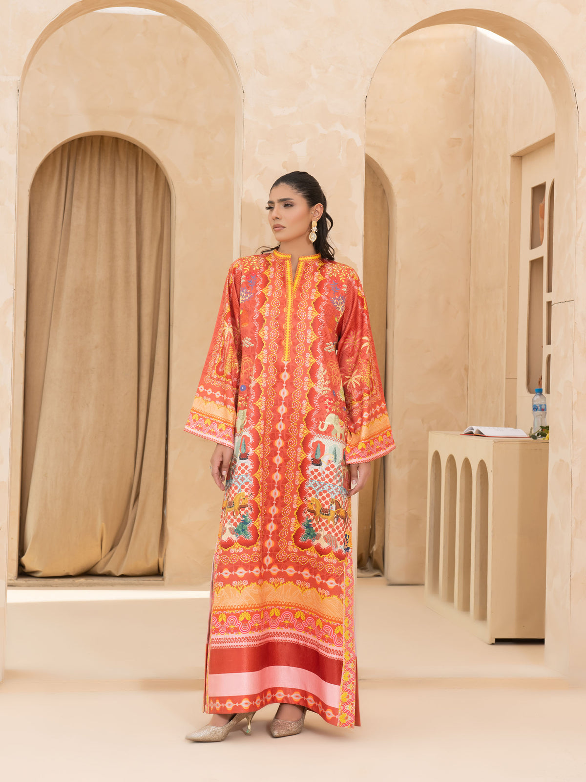 PRINTED EMBOSED SILK LONG SHIRT